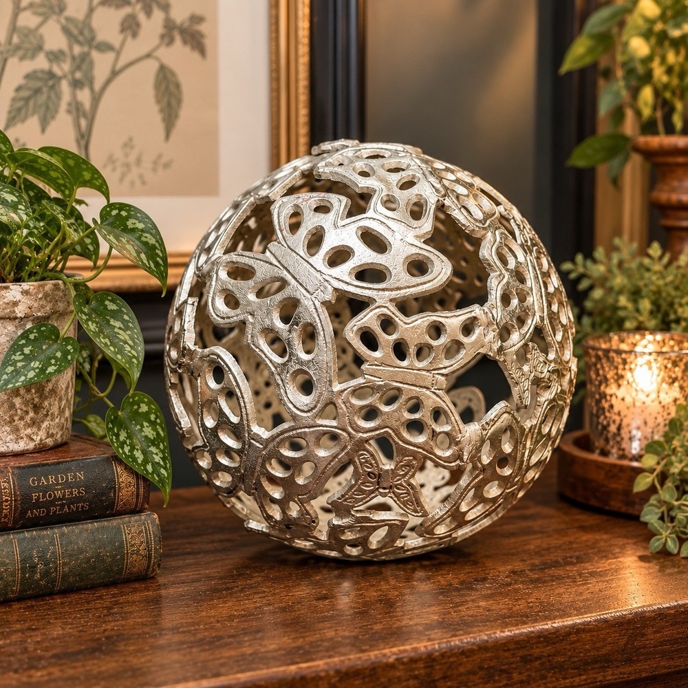 Vintage Openwork Butterfly Metal Orb Sculpture Fairycore Boho Decor 8"